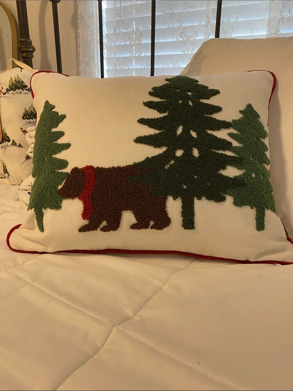 Eddie Bauer Cream Holiday Pillow with Green Trees and Brown Bear